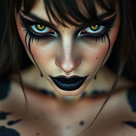 A beautiful woman with her eyes dripping with black makeup. Her lips are painted black and her large breasts are covered in black ooze.