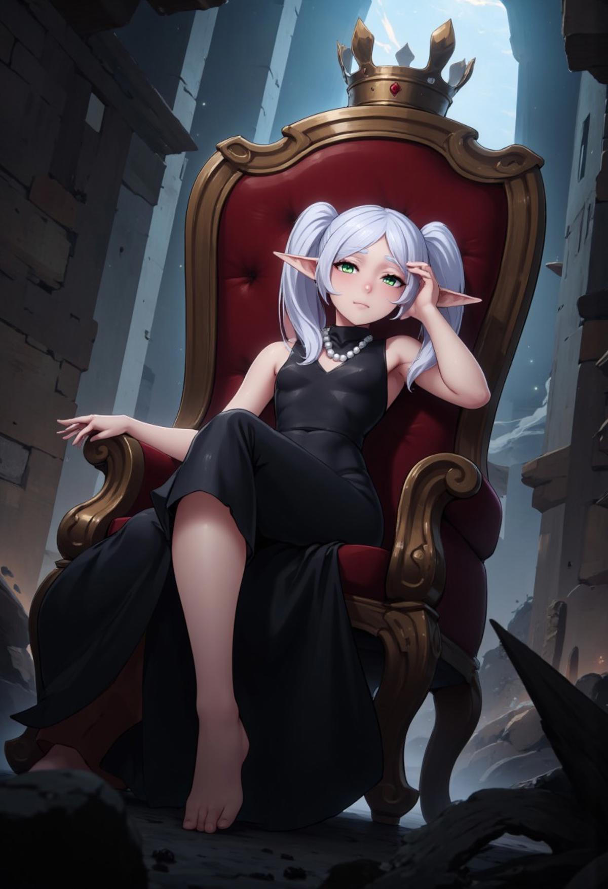 zzCitronCAT, 
nereirfpnxl, frieren, elf, pointy ears, green eyes, white hair, twintails, black dress, 
head tilt, sitting on throne, huge throne, oversized throne, ruins, abandoned castle, crown, pearl necklace