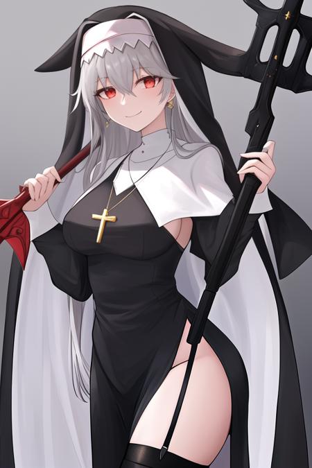 masterpiece, best quality, highres, solo, {specter_arknights:1.10}, long_hair, red_eyes, bangs, black_headwear, hair_between_eyes, smile, grey_hair, very_long_hair, white_hair, breasts, 1girl, black_dress, black_thighhighs, dress, habit, long_sleeves, nun, thighhighs, jewelry, looking_at_viewer, holding, holding_weapon, necklace, pelvic_curtain, weapon, capelet, black_footwear, boots, garter_straps, grey_capelet