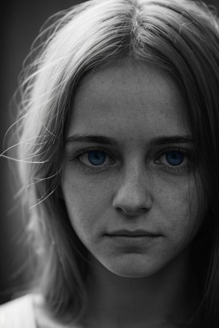 The most beautiful french girl in the World, color eyes, blue eyes, 24 years old, closeup, a cute shy smile, worried expression, bnw photo in the style of Alessio Albi, cinematic composition, cinematic lighting,