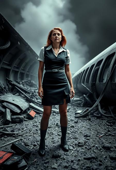 stewardess, standing on ground in plane wreckage, torn clothing, she is a plane crash survivor, afraid, view from the ground up, smoke everywhere, graphic photo