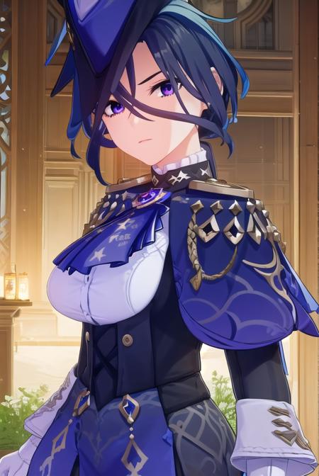 clorinde, blue hair, (purple eyes:1.1), short hair, streaked hair, skirt, gloves, hat, jacket, pantyhose, white gloves, blue headwear, ascot, pauldrons, brooch, corset,