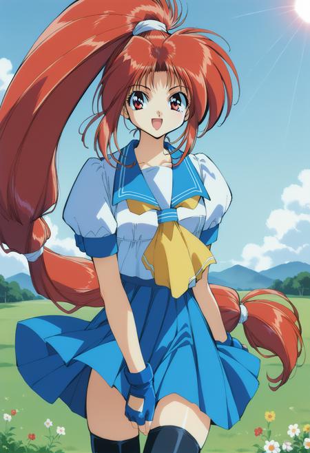 toyoda_karina, red eyes, red hair, long hair, high ponytail, low-tied long hair, fingerless gloves, school uniform, serafuku, blue sailor collar, yellow neckerchief, blue skirt, short sleeves, black thighhighs, zettai ryouiki,