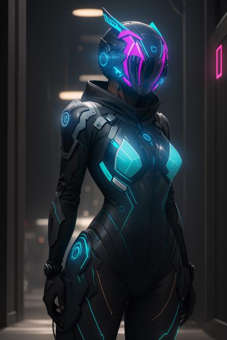 ((best quality)),absurdres,(ultra high res),octane render, girl, mechanical bodysuit, cyber helmet, blue suit, blue helmet, (8k), (Masterpiece), (cinematic lighting), <lora:Mechsuit:0.7>