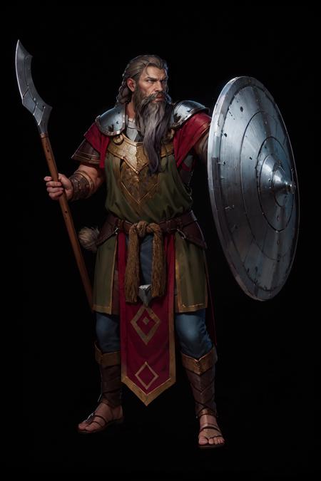 viking, beard, braid, grey tabard, sowrd, shield, full body <lora:sxz-concept:0.7>