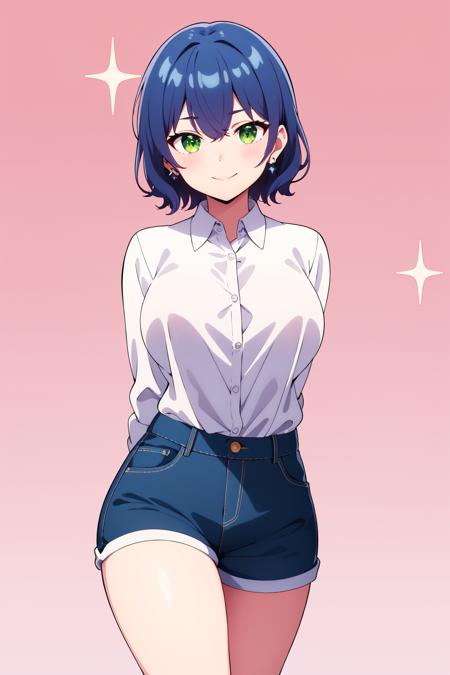 (masterpiece), best quality, expressive eyes, perfect face, solo, petite,
short hair, wavy hair, blue hair, green eyes, large breasts, white shirt, collared shirt, light smile, button gap, shorts, arms behind back,
pink background, sparkle, close-up,