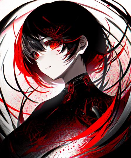 <lora:bv-style-v1:0.7>, black hair, red eyes, hex, double helix, helix, DNA, abstract, science, abstract background, dead expression, 1girl, portrait