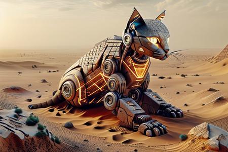egypttech, A large robot Cat in the desert, 
The Mayan panoramas on my pyramid pajamas haven't helped my little problems.
