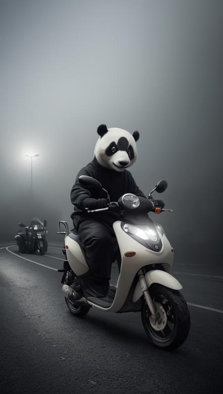 . panda riding moped, speeding past other cars, digital art, (photo, studio lighting, hard light, sony a7, 50 mm, hyperrealistic, big depth of field, concept art, colors, hyperdetailed, hyperrealistic) , ((moody lighting)), (fog), (ambient light)