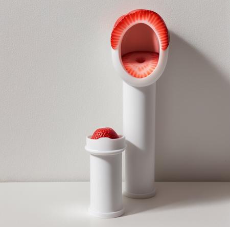 fleshlight detailed product in front of a white wall, orifice is shaped like a strawberry