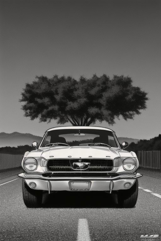 A White Mustang Fastback Car on a Road with a Tree in the Background