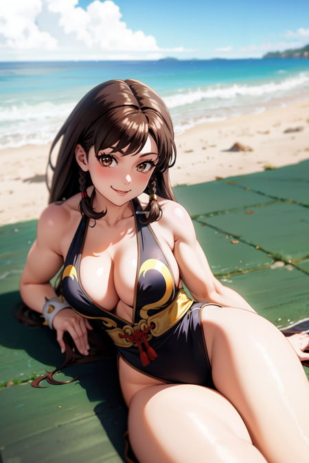 chun-li, brown eyes, brown hair, alternate hairstyle, braid, alternate costume, black dress, cleavage