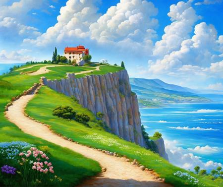 landscape, painting, cliffside path, villa in the distance, beautiful day, puffy clouds