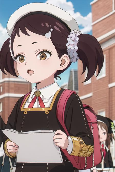 best quality, masterpiece, highres, solo, {becky_blackbell_spyxfamily:1.15}, hair_ornament, female_child, twintails, scrunchie, black_hair, brown_eyes, child, short_twintails, hair_scrunchie, brown_hair, hairclip, black_headwear, blurry, collared_shirt, day, eden_academy_school_uniform, hat, outdoors, school_uniform, shirt, sky, 1girl, ribbon, white_shirt, bangs, blue_sky, blurry_background, dress, red_ribbon, bag, black_dress, holding, backpack, paper, solo_focus, upper_body, 2girls, looking_at_viewer, male_child, multiple_girls, open_mouth, pink_hair