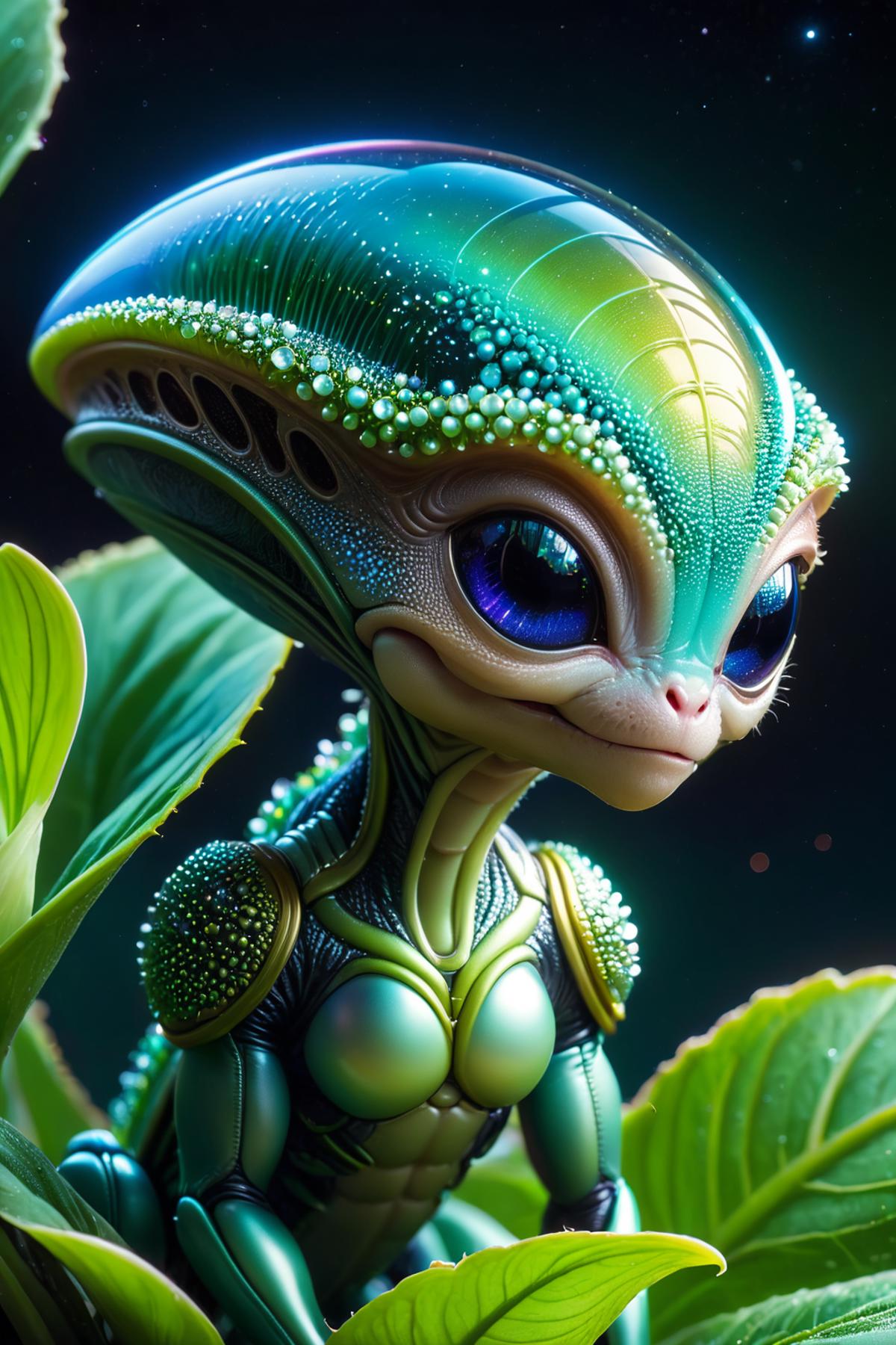 A 3D model of a green and blue alien with purple eyes.