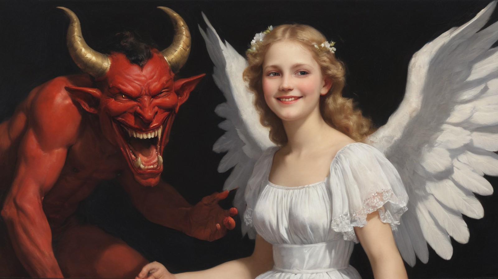 professional oil painting devil and an angel shaking hands,   <lora:ClassipeintXL1.9:1>
BREAK
grinning devil, sparkling ey...