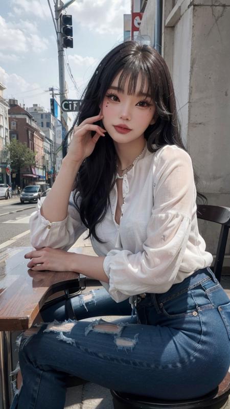 masterpiece , lyn, blue long hair, makeup on face, (jeans and a blouse:1.3), city background, sitting at a cafe, posing for a photo