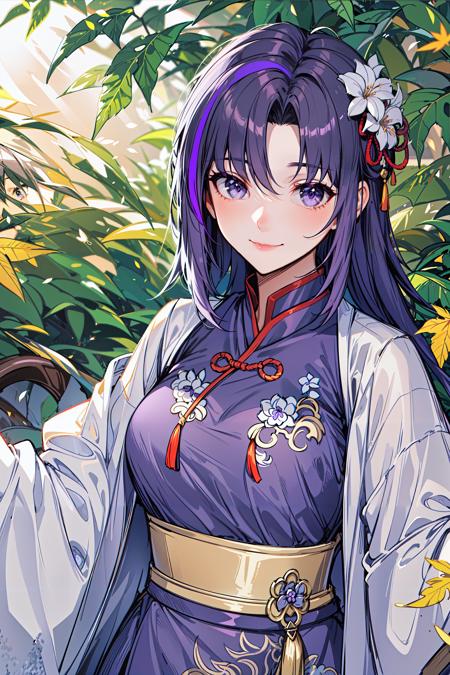 (masterpiece,best quality)),1girl, bangs,  blurry background, dappled sunlight, flower,  hair flower, hair ornament,chinese clothes,  leaf, (maple leaf:1.9),outdoors solo, sunlight, upper body,beautiful face,dark purple hair,light purple eyes,zoom in on eyes,long hair,straight hair,face to face,manly,medium breasts,mature female,voluptuous,hanfu,<lora:CarolV3.5:0.7>,light smile,