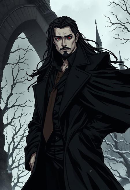 A male vampire with long, flowing black hair and piercing red eyes stands in the shadowy depths of a dark castle. His face is adorned with a rugged goatee and a hint of stubble, adding to his mysterious allure. He wears a long, black coat that billows in the cold wind, contrasting sharply against a brown tie and a dark shirt. In the background, barren trees stretch towards a grey sky, their twisted limbs devoid of leaves, setting a chilling winter scene. The atmosphere is heavy with a sense of darkness and ancient power. Semi-realistic comic gothic style.