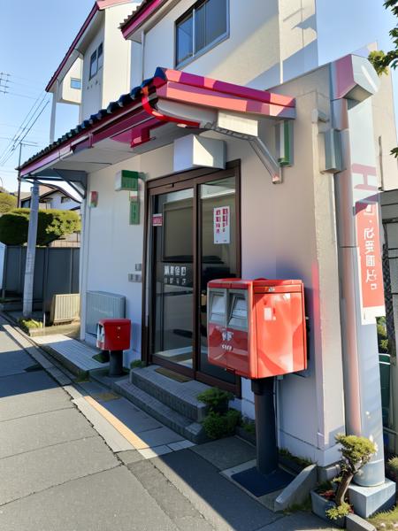 masterpiece, best quality, ultra-detailed, illustration,
JPO, scenery, outdoors, vending machine, sky, building, day, road, utility pole, power lines, tree, blue sky, street, shadow, sign, Post box
 <lora:JapanPOST:1>