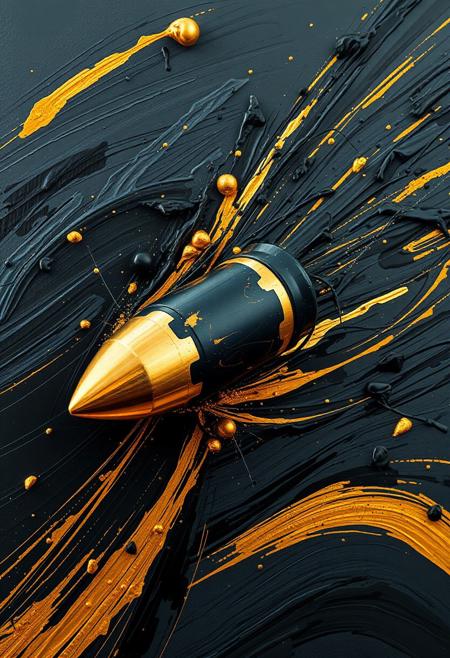 A hyper-stylistic, extremely detailed image depicts a breathtaking painting, crafted from a combination of smeared black and gold metallic paint. A whizzing bullet is captured in a streaked motion, as if it is moving rapidly in one direction. The black paint is applied in bold, dynamic strokes, creating a sense of energy and movement that is contrasted beautifully by the golden accents. The gold paint is used to highlight the bullets features, adding a sense of depth and dimensionality to the image. The overall effect is one of breathtaking, surreal dynamism, as if the viewer has captured a fleeting moment in time. Every detail of the image is meticulously crafted, from the delicate, swirling patterns of the gold paint to the intricate, textured patterns of the black paint. The contrasts between light and dark, color and texture, create a sense of tension and energy that draws the viewer in, inviting them to explore the kinetic world of the painting. highest-Quality, intricate details, visually stunning, Masterpiece