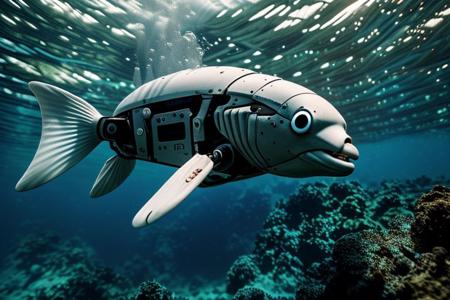 Robot squid and school of robot fish underwater