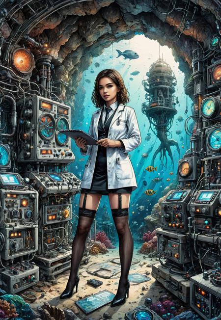 ink art, line art. High quality, colourful, fantasy artwork poster. a large rectangular window is set into the wall of a large cave  revealing a panoramic underwater scene. A female technician in a short white lab coat, black mini skirt and stockings is standing, holding a clip board in front of an array of scientific equipment with monitors and instrument panels.