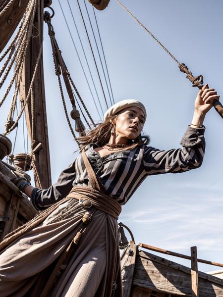 from below, on ship, action shot, dynamic angle ,full body,  woman captain hanging on rigging, swinging on rope, solo, holding a sword in her hand by the hilt, wearing a slouch hat with feather, jacket, slender, shapely, belt, bandolier with 2 pistols in it,<lora:p1r4t3s_v6:0.85>  n3wp1r4t3
