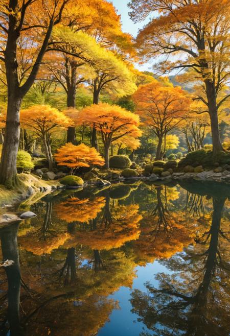 Stunning detail reflection of golden and orange katsura trees around a natural round lake, autumn, realistic, wide shot, art style of Studio Ghibli, magical, whimsical atmosphere, vibrant colors, beautifully lit, serene landscape