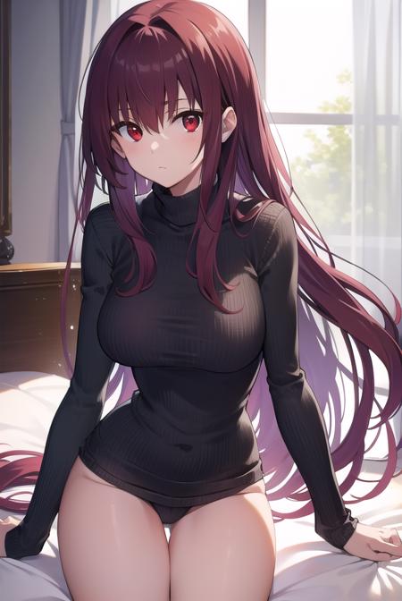 scathach, <lora:scathachtest:1>, scathach, long hair, purple hair, (red eyes:1.5),
BREAK long sleeves, ribbed sweater, sweater, turtleneck, turtleneck sweater, (white sweater:1.2),
BREAK indoors, bed,
BREAK looking at viewer, 
BREAK <lora:GoodHands-vanilla:1>, (masterpiece:1.2), best quality, high resolution, unity 8k wallpaper, (illustration:0.8), (beautiful detailed eyes:1.6), extremely detailed face, perfect lighting, extremely detailed CG, (perfect hands, perfect anatomy),