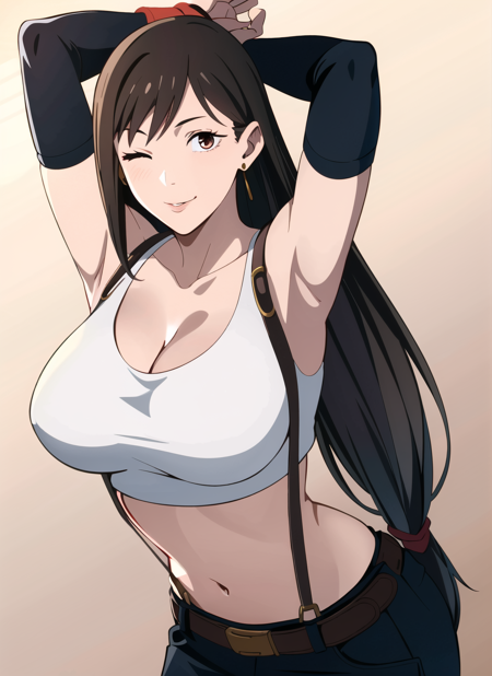 csm anime style, tifa lockhart, 1girl, thick lips, arm up, armpits, artist name, belt, black hair, breasts, brown eyes, cleavage, closed mouth, collarbone, cowboy shot, crop top, earrings, elbow gloves, elbow pads, gloves, gradient background, jewelry, large breasts, lips, long hair, low-tied long hair, midriff, navel, one eye closed, simple background, skirt, smile, solo, stomach, suspenders, tank top, upper body,  ((masterpiece))   <lora:tifa_lockhart:0.4>  <lora:csm_anime_style_offset:1>