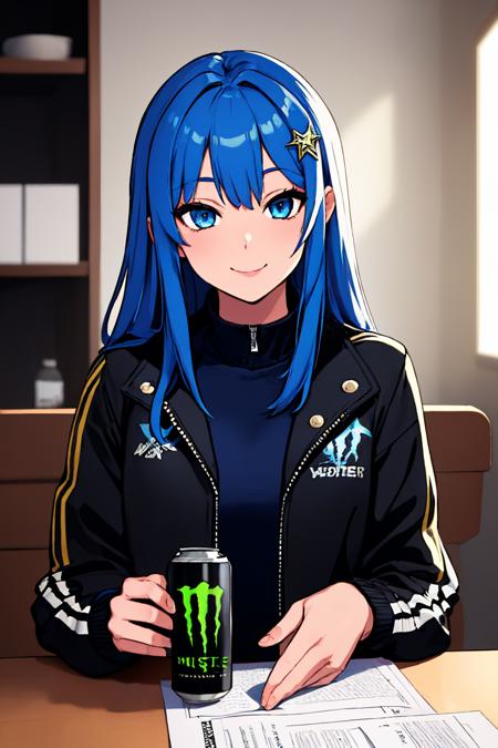 (masterpiece, best quality:1.2), upper body, solo, 1girl, smile, looking at viewer, holdingmonsterenergy, long hair, blue hair, star hair ornament, blue eyes, black jacket, open jacket, indoors, table <lora:HoldingMonsterEnergy:0.6>