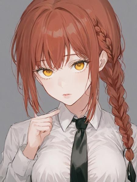 <lora:çå¥ç:1>,1girl, makima_\(chainsaw_man\), solo, braid, shirt, necktie, red_hair, black_necktie, looking_at_viewer, collared_shirt, ringed_eyes, white_shirt, braided_ponytail, upper_body, bangs, long_hair, long_sleeves, breasts, parted_lips, sidelocks, orange_eyes, medium_breasts, yellow_eyes, grey_background, hand_up