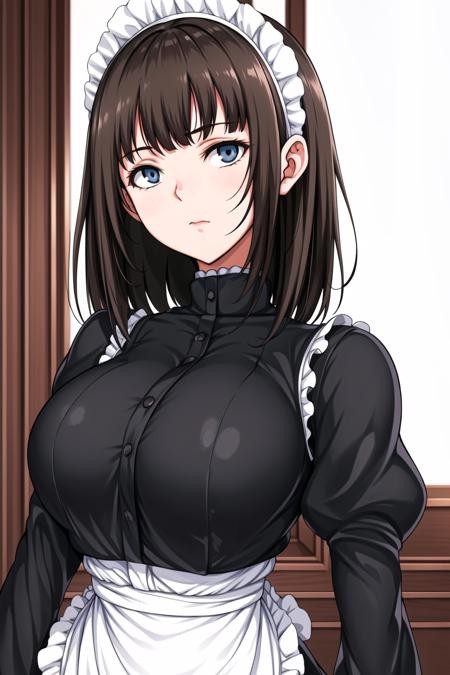 Simple White Background,
black shirt,puffy sleeves, long sleeves, Closed_clothes, 
<lora:Rurikawa_Tsubaki_MaidEducation-KK77-V1:0.7>,maid,
brown hair,blue eyes,Bangs,Short hair, maid headdress,  
<lora:Oda_Non_Style-KK77-V2:0.3>,<lora:more_details:0.3>,
1 girl, 20yo,Young female,Beautiful Finger,Beautiful long legs,Beautiful body,
Beautiful Nose,Beautiful character design, perfect eyes, perfect face,expressive eyes,perfect balance,
looking at viewer,(Focus on her face),closed mouth, (innocent_big_eyes:1.0),(Light_Smile:0.3),
official art,extremely detailed CG unity 8k wallpaper, perfect lighting,Colorful, Bright_Front_face_Lighting,White skin,
(masterpiece:1.0),(best_quality:1.0), ultra high res,4K,ultra-detailed,
photography, 8K, HDR, highres, absurdres:1.2, Kodak portra 400, film grain, blurry background, bokeh:1.2, lens flare, (vibrant_color:1.2),professional photograph,
(Beautiful,Breasts:1.0), (beautiful_face:1.5),(narrow_waist),