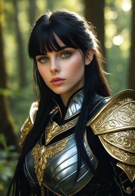 safe_pos, score_7_up, 1girl, portrait, beautiful, black hair, long hair, bangs, fair skin, big natural breasts, lips parted, black armor, armor, gold details, sword, forest, dappled sunlight, looking at viewer, white cape, Expressive, beautiful face, black lipstick, gold eye shadow, beautiful eyes, gold jewelry, (portrait, upper body:1.85)
Background: A lush, enchanted forest with towering ancient trees and vibrant foliage. 
 (8k uhd:1,4)
 <lora:add-detail-xl:1>
 <lora:Dynamic Poses:1>
((((full-clothed)))),
<lora:DandonFuga_Style_v.2_-_Pony:0.8>