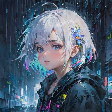 (((masterpiece))),(((best quality))),((ultra-detailed)),(illustration),(dynamic angle),(((night,heavy rain,bloom))),
((floating)),(paint),((disheveled hair)),
(solo), ((little girl,very young,cute  face)), ((small_breasts)), (((detailed anima face))),((beautiful detailed face)),collar,upper body,
white hair, ((colorful hair)),((streaked hair)),
beautiful detailed eyes,
((cyberpunk)),cyberpunk city,broken city,neon light,mechanical arm,(((high saturation))),
traditional watercolor painting,<lora:traditional_watercolor_painting:0.7>,