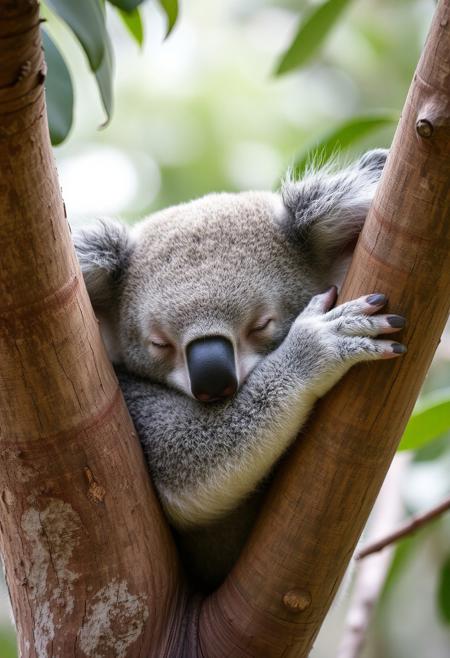 koala sleeping on a tree, close up