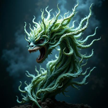 biomorphic female alien plant hybrid with sharp teeth and without eyes, unnatural translucent bioluminescent flora in an extraterrestrial scenery, sci-fi, hyperdetailed, ethereal, magical, mysterious mist, neon, living flower, eerie, soap bubble, wet and slimy