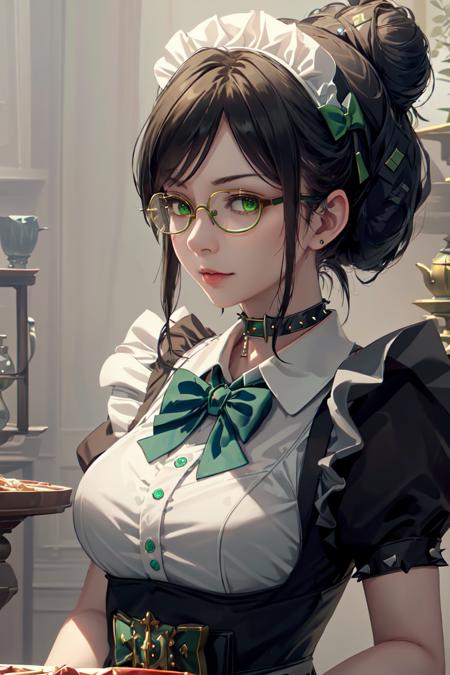 highres, sharp focus, pixiv masterpiece, ((intricate details)), highly detailed, yuri alpha, 1girl, black hair, (blue bowtie:1.3), (green wristband, green gauntlets, spikes:1.1), glasses, green eyes, maid, single hair bun, dress, choker, maid apron, <lora:Yuri Alpha v1_1:0.7>