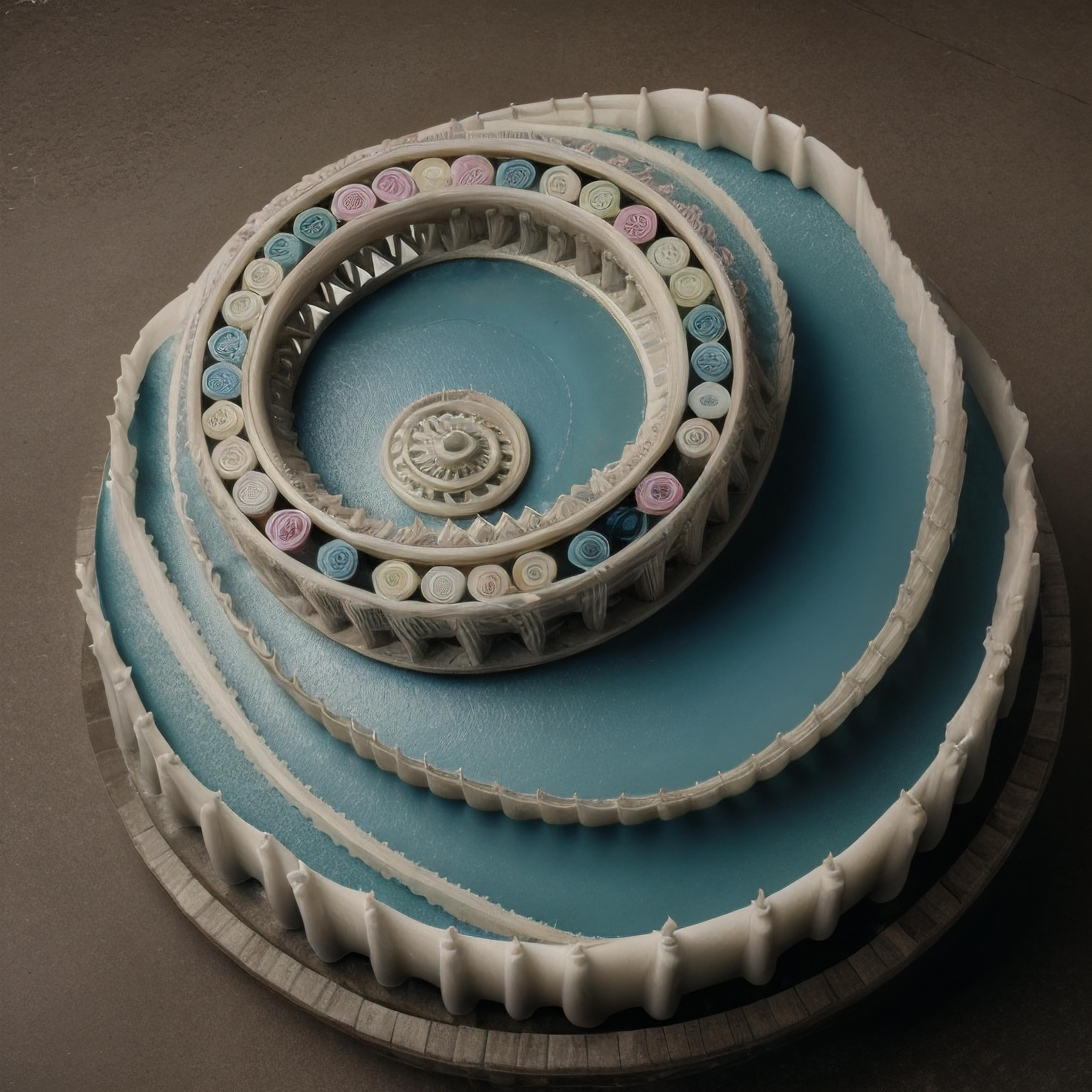 A multi-tiered cake with a blue frosting base and white and pink decorations on top.