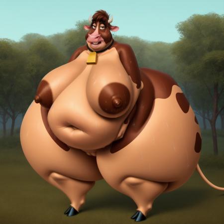  obese, large, cow, brown and white skin, horns, cow tail, cowbell tied around her neck