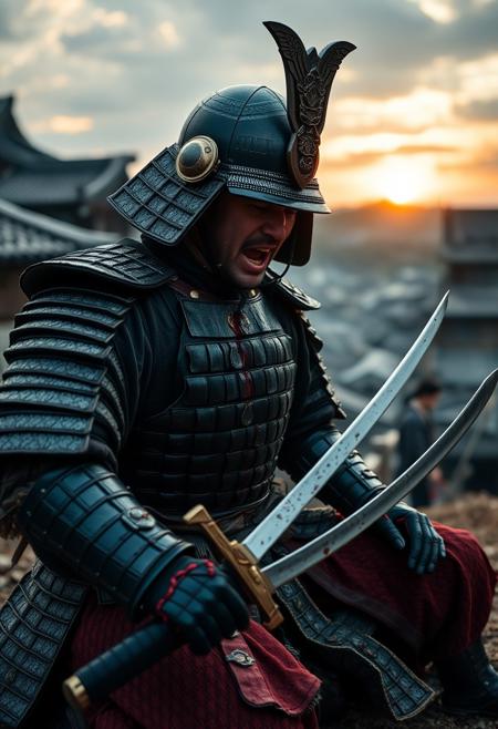 A kungfu cinematic movie still taken with an HD movie camera focused on a Japanese 40 year old samurai wearing traditional medieval samurai armor and helmet.  The samurai is on his knees wounded and is commiting hari-kari.  The samurai is screaming stabbing his katana sword into his own chest.  Blood is dripping from sword. In the background is a medieval Japanese town.  The camera is at an interesting angle.  The sun is low near dusk.