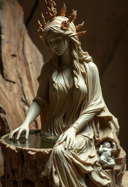 The Goddess of Water always wander around a certain pond, expressive sculpture, delicate animal realism, emotional contrast, raw wood texture, tender domestic scenes, fragmented human forms, detailed fur rendering, soft Victorian light, symbolic decay, tactile vulnerability, classical animal portraiture, sculptural abstraction, innocence meets erosion, natural material imperfection, emotional storytelling, warmth and unease, juxtaposition of comfort and damage, intimate surrealism