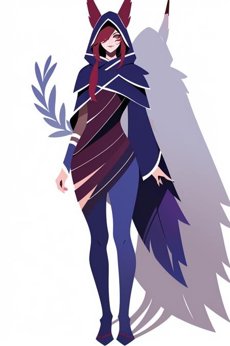 shadow flat vector art,<lora:xayah:0.8>,xayah,hood,1girl,solo,smile,(masterpiece, best quality, absurdres, detailed, ultra-detailed:1.1),beautiful,(trending on CGSociety, trending on pixiv, contest winner:1.1),full body,<lora:GoodHands-beta2:1>,