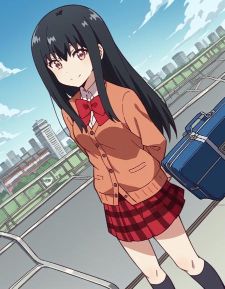 <lora:dropout-machiko-s1-ponyxl-lora-nochekaiser:1>, machiko, long hair, black hair, brown eyes, skirt, shirt, bow, school uniform, white shirt, pleated skirt, shoes, socks, bowtie, red bow, plaid, kneehighs, red skirt, plaid skirt, cardigan, black socks,