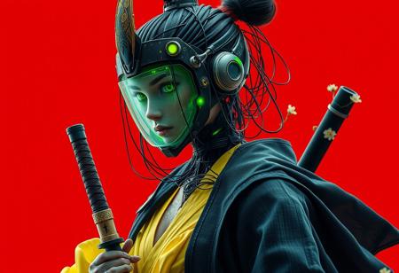 Create an extrahart, brave perspective, mystical, and high-resolution image of an female humanoid robot Samurai wearing a headgear with intricate mechanical translucent jade screen covering the eyes, Made from Sci-fi components, with outworn translucent black linen cape. The character should be depicted in a manga cover style with wealthy portraiture and poster art elements. The image should feature rich colors and high contrast, focusing on the best quality, official art, and a beautiful and aesthetic appearance. wired-cyborg, upper body shot, a man with hairbun, half the face is made of wires and cables and translucent hoses. Use a movie perspective and an advertising style, similar to a magazine cover. The cyborg samurai should be shown solo, wearing flamboyant clothes and armor, holding a sheathed katana, and standing in a cowboy shot pose. The robot should have neon green and yellow hip-hop clothes, tattoos, muscular abs, shoulder armor, and dry flowers in the background. Emphasize a samurai theme with a red background and floral elements.