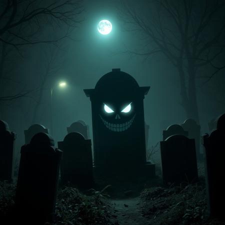 A deserted cemetery at night, swallowed by fog and moonlight. The old, cracked tombstones stand crooked, forgotten, as the cold air carries a whisper of something unseen. The dim glow of a distant streetlamp barely reaches the overgrown paths, leaving most of the graveyard in absolute darkness.
And then, in the deepest shadow between the tombs, it waits.
At first, you see nothing. But as your eyes adjust, two glowing white eyes slowly emerge from the void, locked onto you with an unnatural stillness. Below them, a wide, sinister grin—sharp, too large, floating in the darkness. The rest of its form is lost in the shadows, as if it never had one.
It does not move.
But you feel it. Watching. Smiling. Waiting.
And the longer you stare… the closer it seems to get.