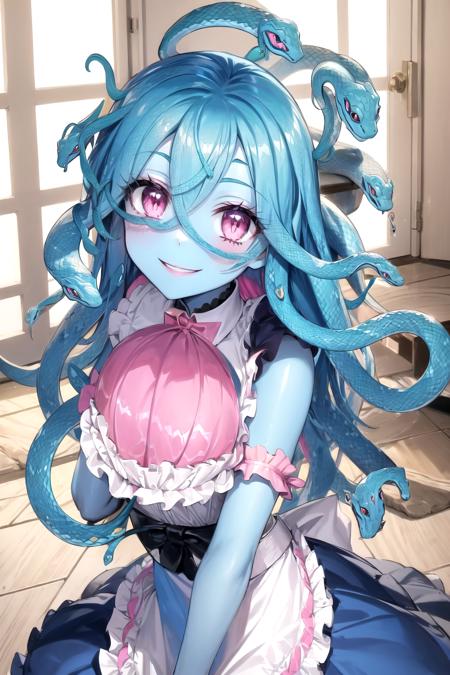 (snake hair:1.2), looking at viewer, smile, slit pupils, maid, indoors, pink hair, (colored skin, blue skin:1.2), <lyco:gorgon-10:0.6>