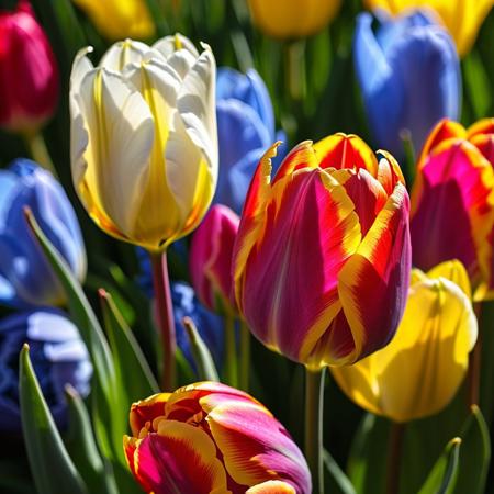 macro photo, close-up, masterpiece, 4k, ray tracing, intricate details, highly detailed, hyper realistic, 8k RAW editorial photo.
red, pink, yellow, blue, white tulips,lit by the sun, dramatic light, shallow depth of field,