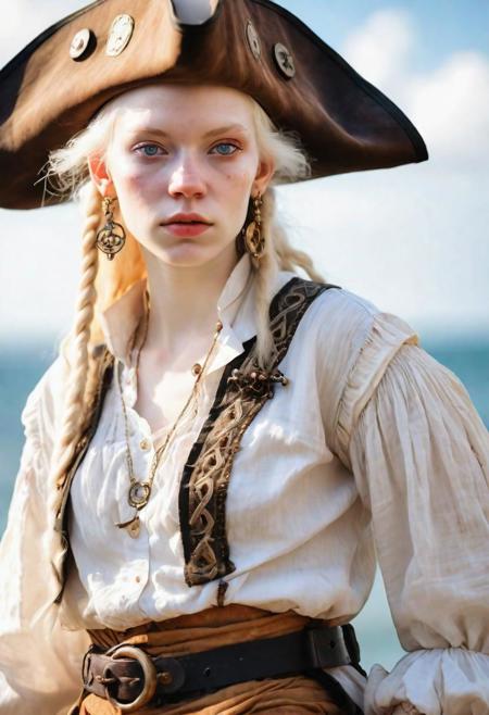 high quality image, photo raw, 8k, portrait 3/4, a 20 year old (woman.1.5), 16th century pirate, a woman with albino skin, light eyes, long white hair, brown pirate hat, several hoop earrings, white buccaneer blouse, wide pants vintage, the shirt is dirty and torn by battles, serious and threatening face, penetrating gaze, he is on the bridge of a pirate ship, sunset, volumetric light, realistic ligh, canon eos 5d, 200 mm lens, f2, hdr, uhd